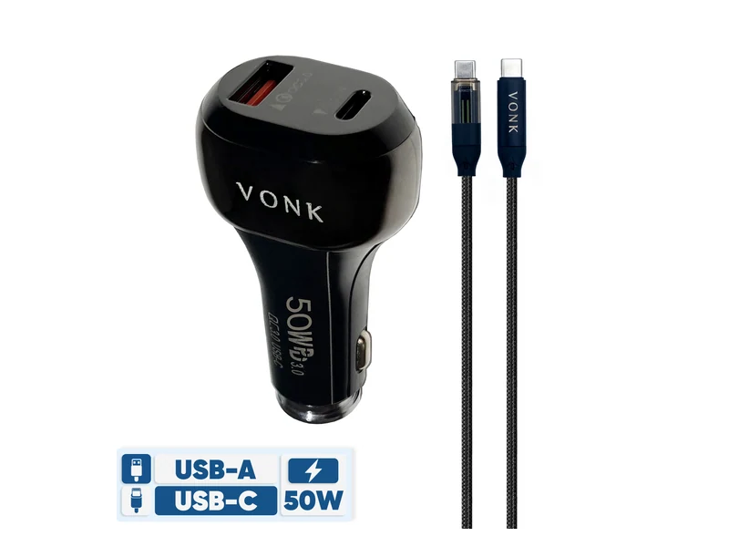 شارژر فندکی 50 وات دو پورت وونک مدل VC--50 به همراه کابل USB-C